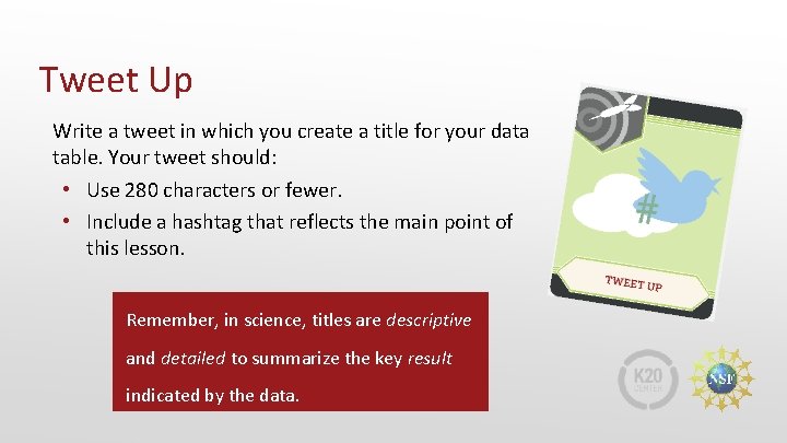 Tweet Up Write a tweet in which you create a title for your data