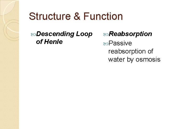 Structure & Function Descending of Henle Loop Reabsorption Passive reabsorption of water by osmosis