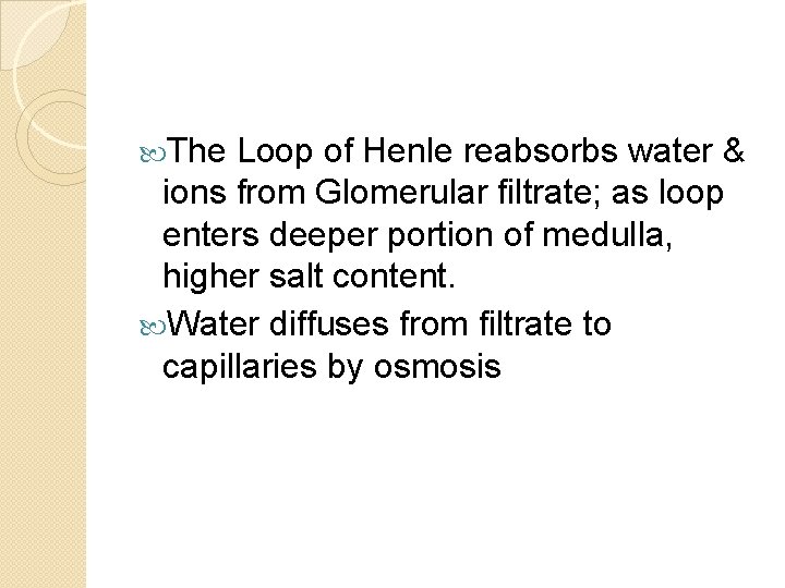  The Loop of Henle reabsorbs water & ions from Glomerular filtrate; as loop