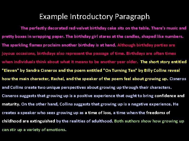 Example Introductory Paragraph The perfectly decorated red-velvet birthday cake sits on the table. There's