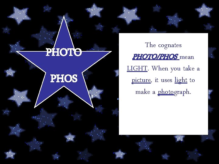 PHOTO PHOS The cognates PHOTO/PHOS mean LIGHT. When you take a picture, it uses