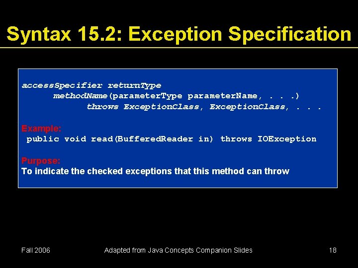 Syntax 15. 2: Exception Specification access. Specifier return. Type method. Name(parameter. Type parameter. Name, Syntax 15. 2: Exception Specification access. Specifier return. Type method. Name(parameter. Type parameter. Name,