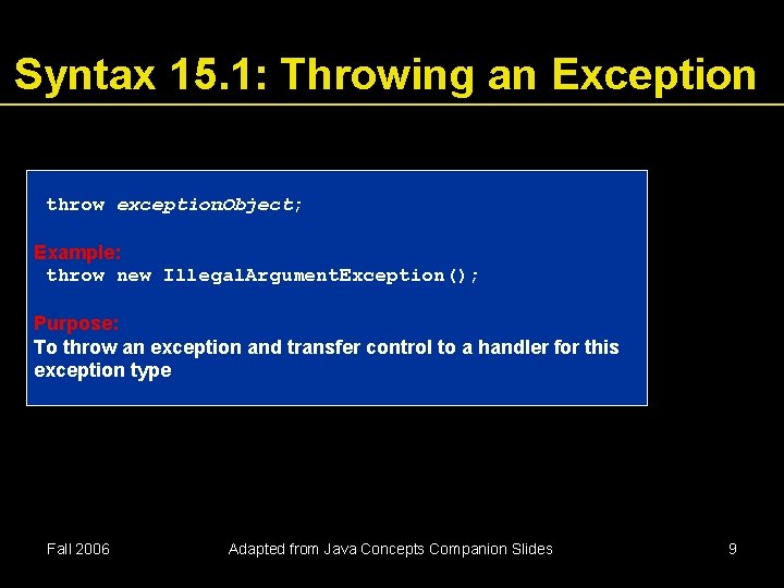 Syntax 15. 1: Throwing an Exception throw exception. Object; Example: throw new Illegal. Argument. Syntax 15. 1: Throwing an Exception throw exception. Object; Example: throw new Illegal. Argument.