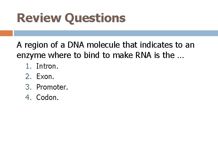 Review Questions A region of a DNA molecule that indicates to an enzyme where