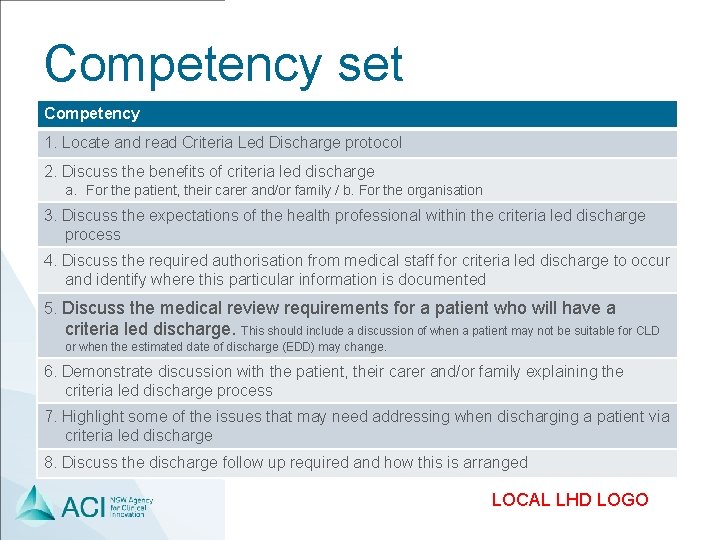 Competency set Competency 1. Locate and read Criteria Led Discharge protocol 2. Discuss the