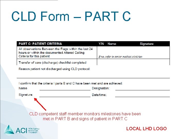 CLD Form – PART C CLD competent staff member monitors milestones have been met