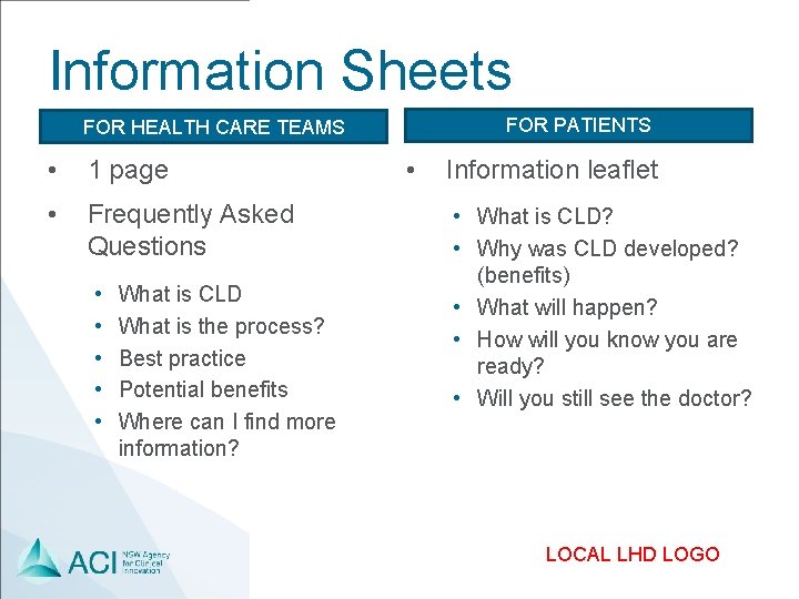 Information Sheets FOR PATIENTS FOR HEALTH CARE TEAMS • 1 page • Frequently Asked