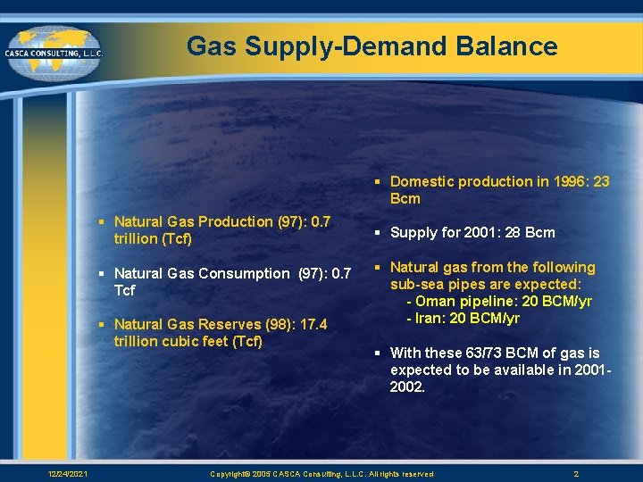 Gas Supply Demand Balance § Domestic production in 1996: 23 Bcm § Natural Gas