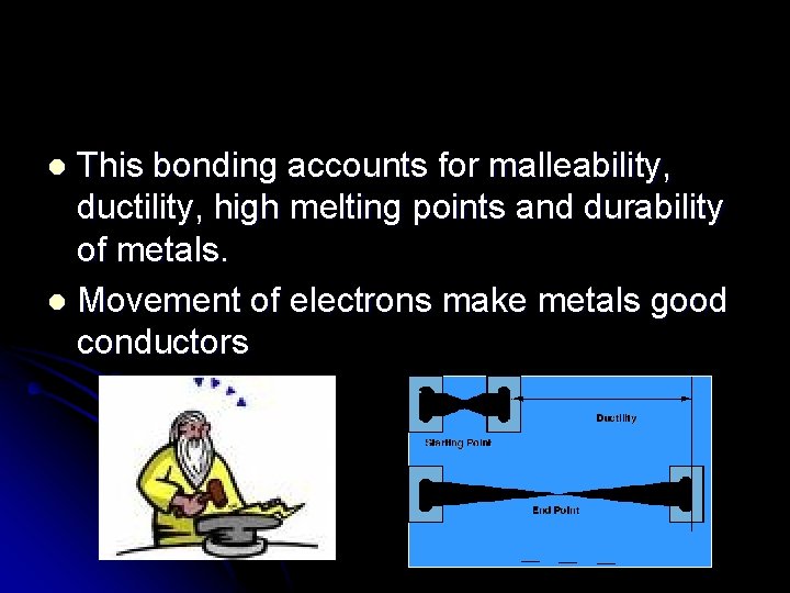 This bonding accounts for malleability, ductility, high melting points and durability of metals. l