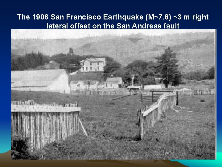 The 1906 San Francisco Earthquake (M~7. 8) ~3 m right lateral offset on the