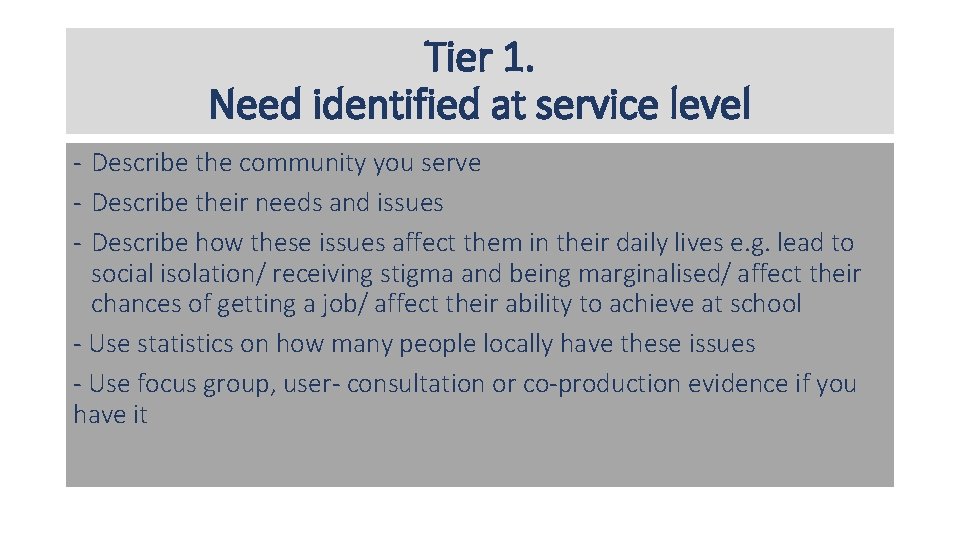 Tier 1. Need identified at service level - Describe the community you serve -