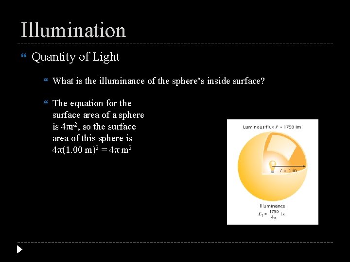 Illumination Quantity of Light What is the illuminance of the sphere’s inside surface? The