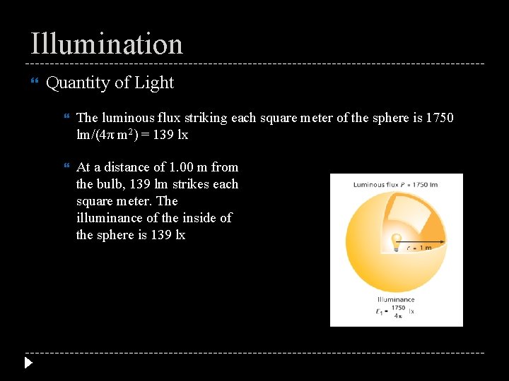 Illumination Quantity of Light The luminous flux striking each square meter of the sphere