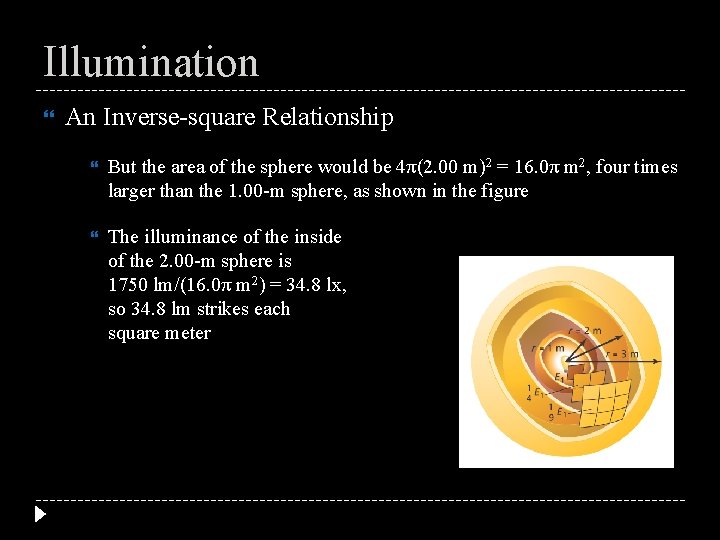 Illumination An Inverse-square Relationship But the area of the sphere would be 4π(2. 00