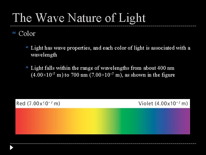 The Wave Nature of Light Color Light has wave properties, and each color of