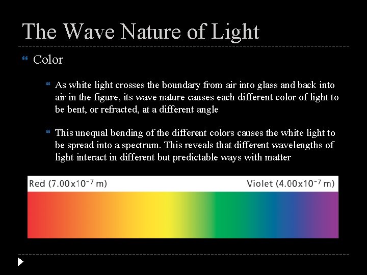 The Wave Nature of Light Color As white light crosses the boundary from air