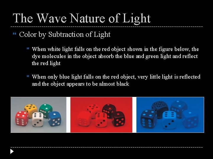 The Wave Nature of Light Color by Subtraction of Light When white light falls