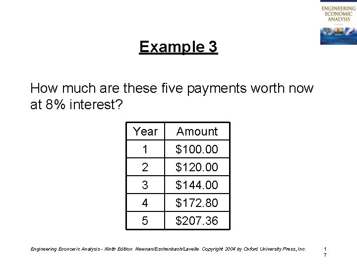 Example 3 How much are these five payments worth now at 8% interest? Year