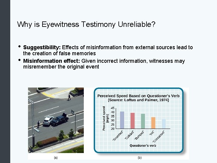 Why is Eyewitness Testimony Unreliable? • Suggestibility: Effects of misinformation from external sources lead