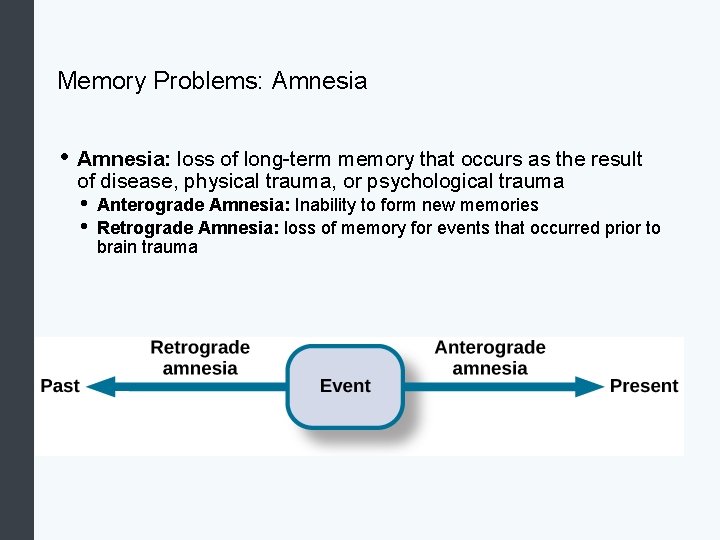 Memory Problems: Amnesia • Amnesia: loss of long-term memory that occurs as the result