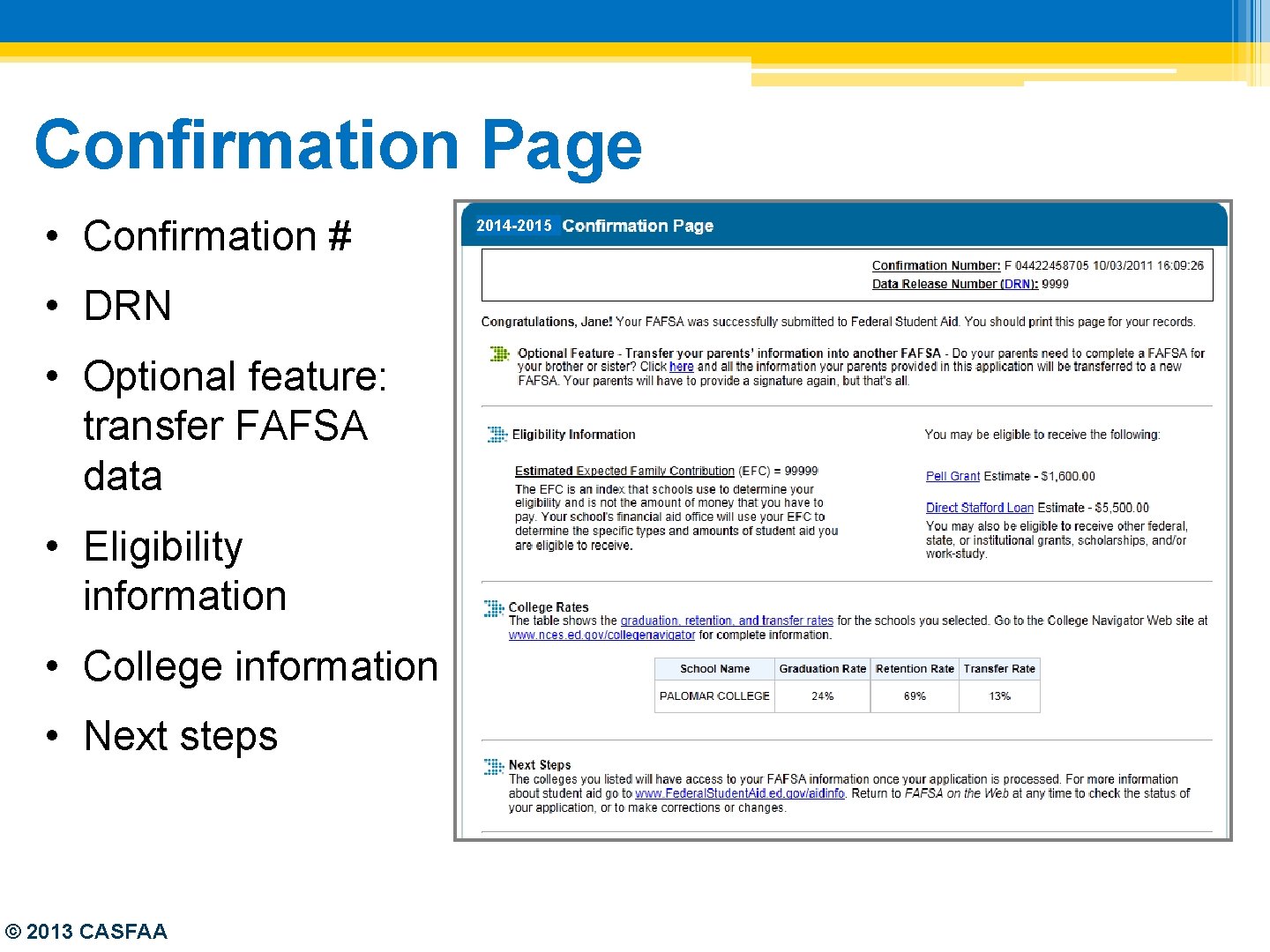 Confirmation Page • Confirmation # • DRN • Optional feature: transfer FAFSA data •