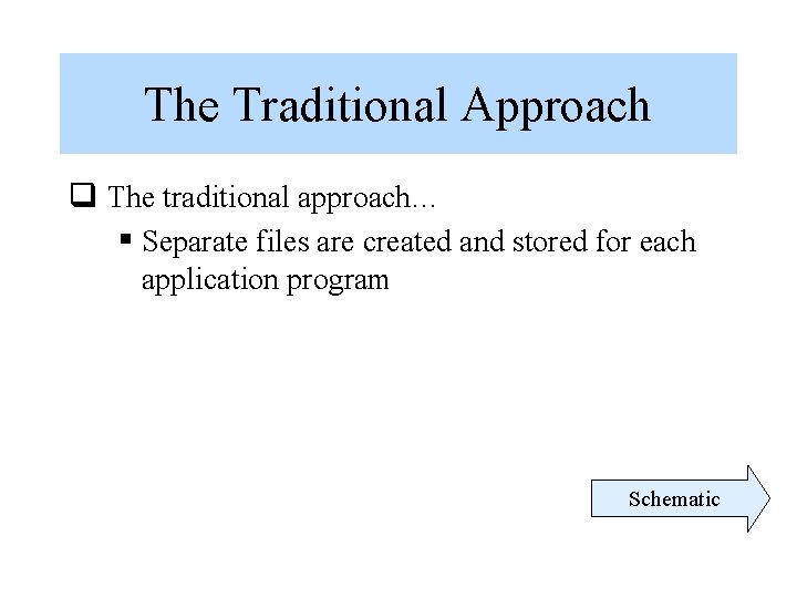 The Traditional Approach q The traditional approach… § Separate files are created and stored The Traditional Approach q The traditional approach… § Separate files are created and stored