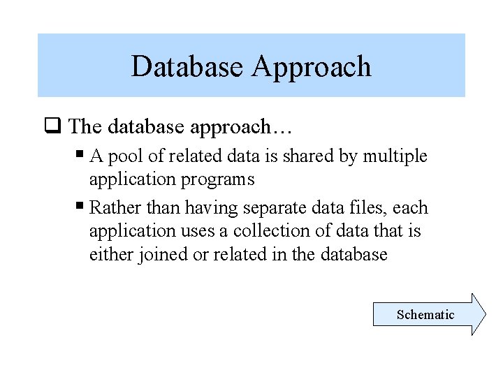Database Approach q The database approach… § A pool of related data is shared Database Approach q The database approach… § A pool of related data is shared