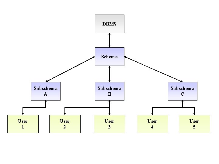 DBMS Schema Subschema A User 1 Subschema B User 2 User 3 Subschema C DBMS Schema Subschema A User 1 Subschema B User 2 User 3 Subschema C