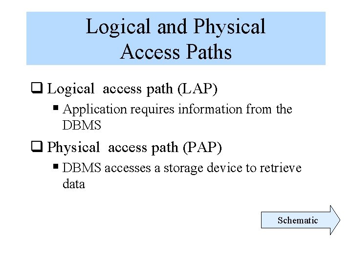 Logical and Physical Access Paths q Logical access path (LAP) § Application requires information Logical and Physical Access Paths q Logical access path (LAP) § Application requires information