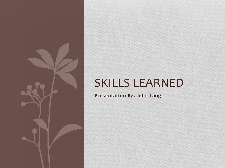 SKILLS LEARNED Presentation By: Julie Lang 