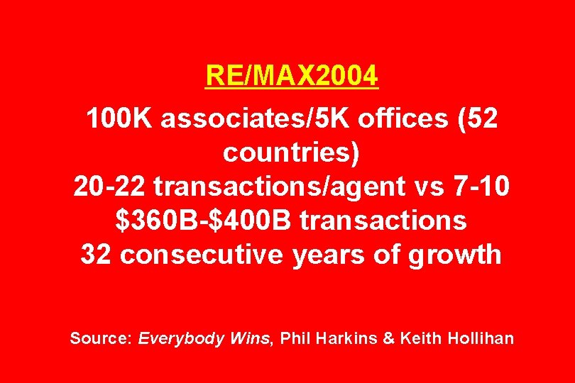 RE/MAX 2004 100 K associates/5 K offices (52 countries) 20 -22 transactions/agent vs 7