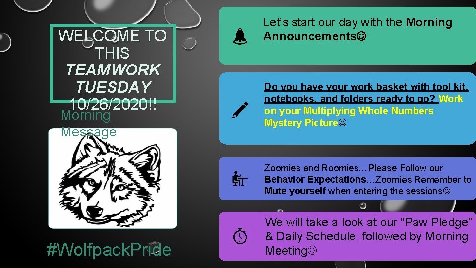 WELCOME TO THIS TEAMWORK TUESDAY 10/26/2020!! Morning Message Let’s start our day with the WELCOME TO THIS TEAMWORK TUESDAY 10/26/2020!! Morning Message Let’s start our day with the