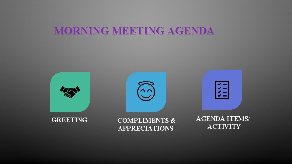 MORNING MEETING AGENDA GREETING COMPLIMENTS & APPRECIATIONS AGENDA ITEMS/ ACTIVITY MORNING MEETING AGENDA GREETING COMPLIMENTS & APPRECIATIONS AGENDA ITEMS/ ACTIVITY