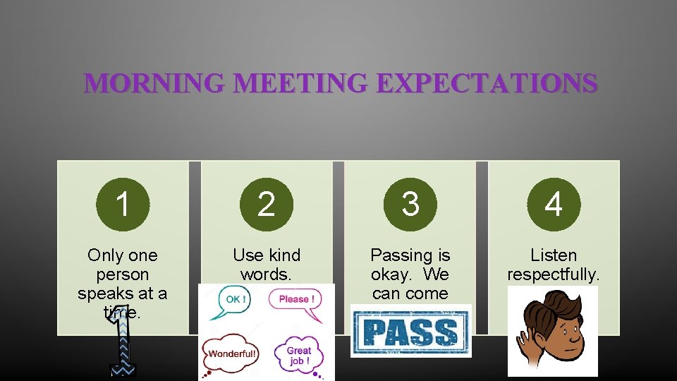 MORNING MEETING EXPECTATIONS 1 2 3 4 Only one person speaks at a time. MORNING MEETING EXPECTATIONS 1 2 3 4 Only one person speaks at a time.