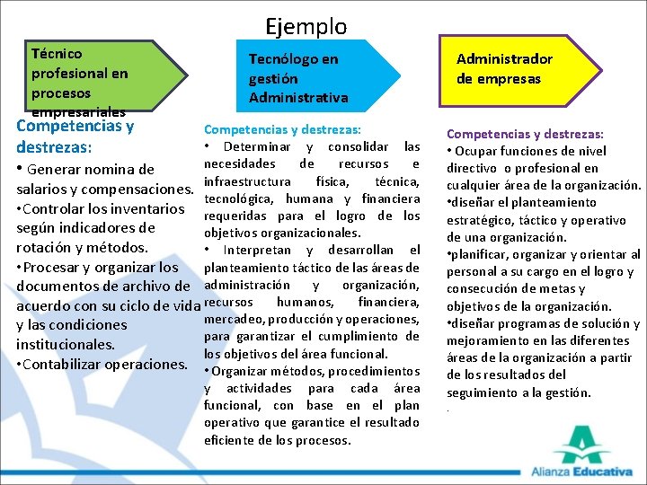 Ejemplo Técnico profesional en procesos empresariales Competencias y destrezas: • Generar nomina de Tecnólogo