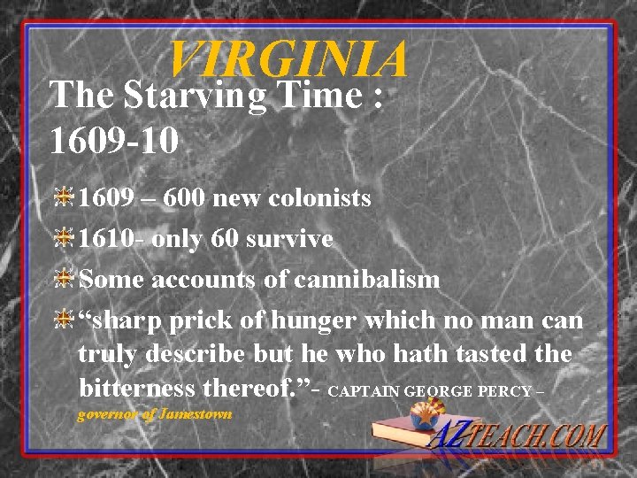 VIRGINIA The Starving Time : 1609 -10 1609 – 600 new colonists 1610 -