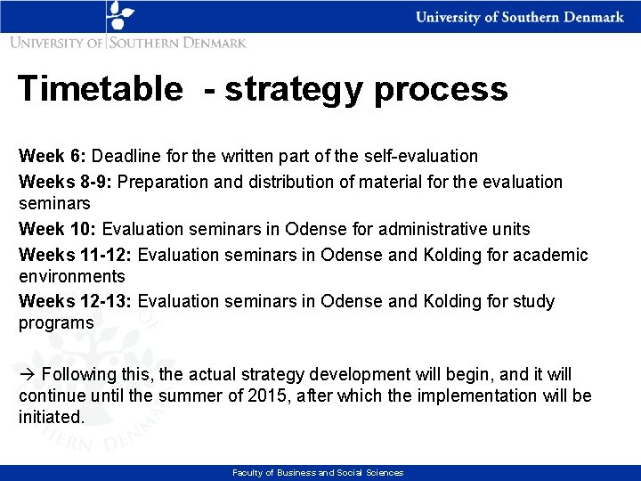 Timetable - strategy process Week 6: Deadline for the written part of the self-evaluation