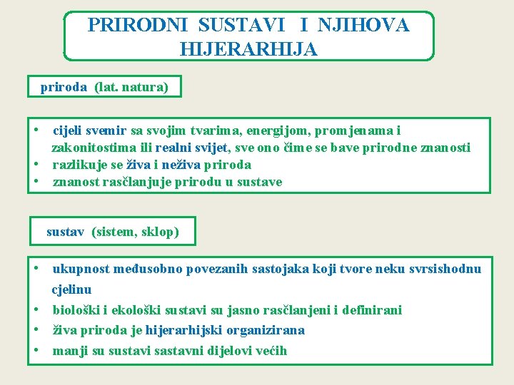 PRIRODNI SUSTAVI I NJIHOVA HIJERARHIJA priroda (lat. natura) • cijeli svemir sa svojim tvarima, PRIRODNI SUSTAVI I NJIHOVA HIJERARHIJA priroda (lat. natura) • cijeli svemir sa svojim tvarima,