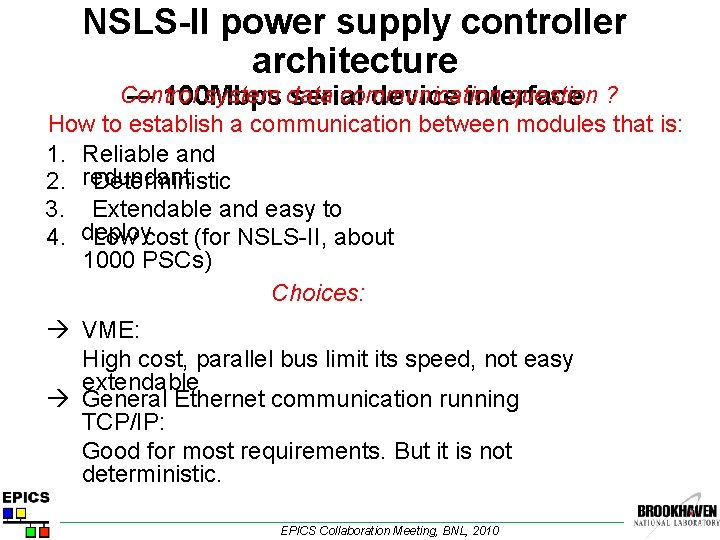NSLS-II power supply controller architecture Control system data communication question ? — 100 Mbps