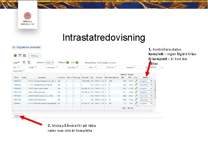 Intrastatredovisning 1. Kontrollera status. Komplett – ingen åtgärd krävs Ej komplett – X- kod