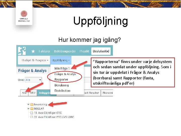 Uppföljning Hur kommer jag igång? ”Rapporterna” finns under varje delsystem och sedan samlat under