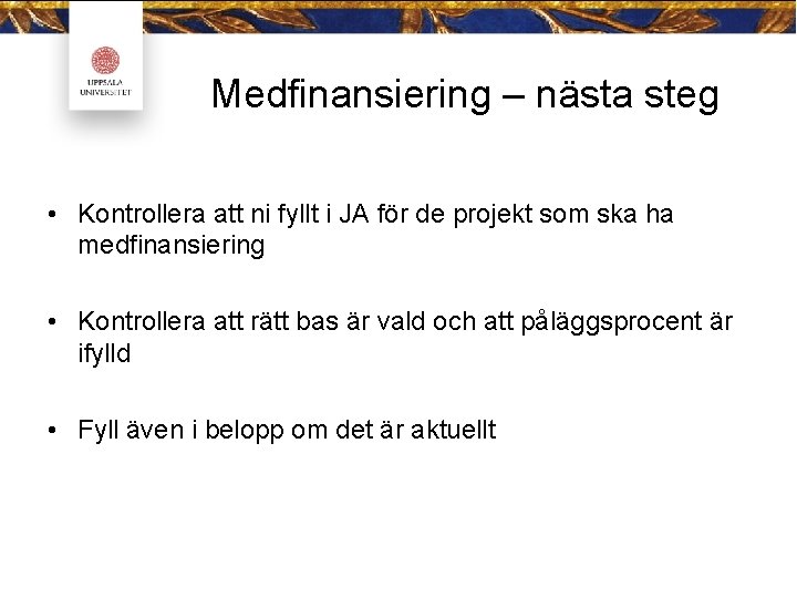 Medfinansiering – nästa steg • Kontrollera att ni fyllt i JA för de projekt