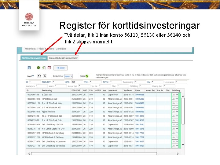 Register för korttidsinvesteringar Två delar, flik 1 från konto 56110, 56130 eller 56140 och