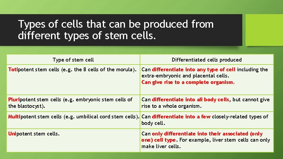 Types of cells that can be produced from different types of stem cells. Type