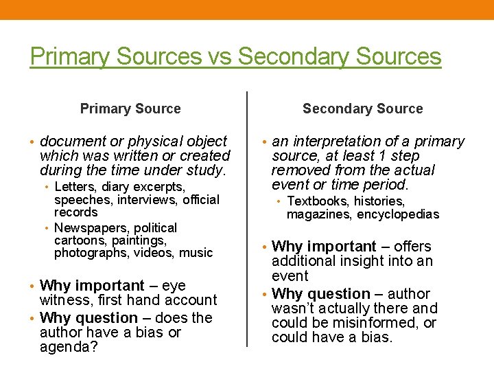 Primary Sources vs Secondary Sources Primary Source Secondary Source • document or physical object