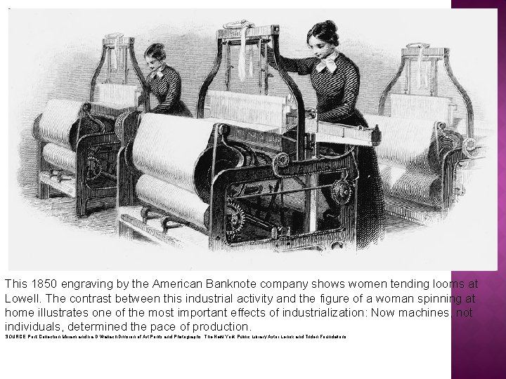 This 1850 engraving by the American Banknote company shows women tending looms at Lowell.