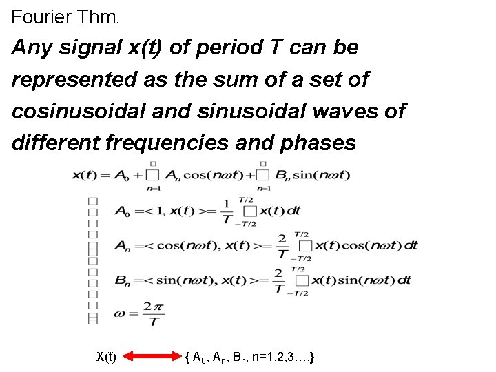 Fourier Thm. Any signal x(t) of period T can be represented as the sum