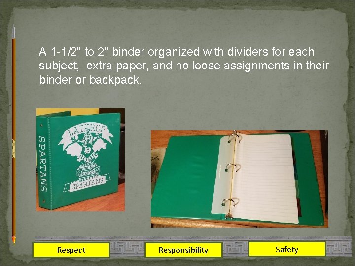 A 1 -1/2" to 2" binder organized with dividers for each subject, extra paper,
