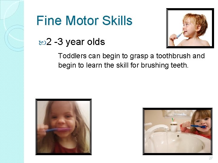 Fine Motor Skills 2 -3 year olds Toddlers can begin to grasp a toothbrush