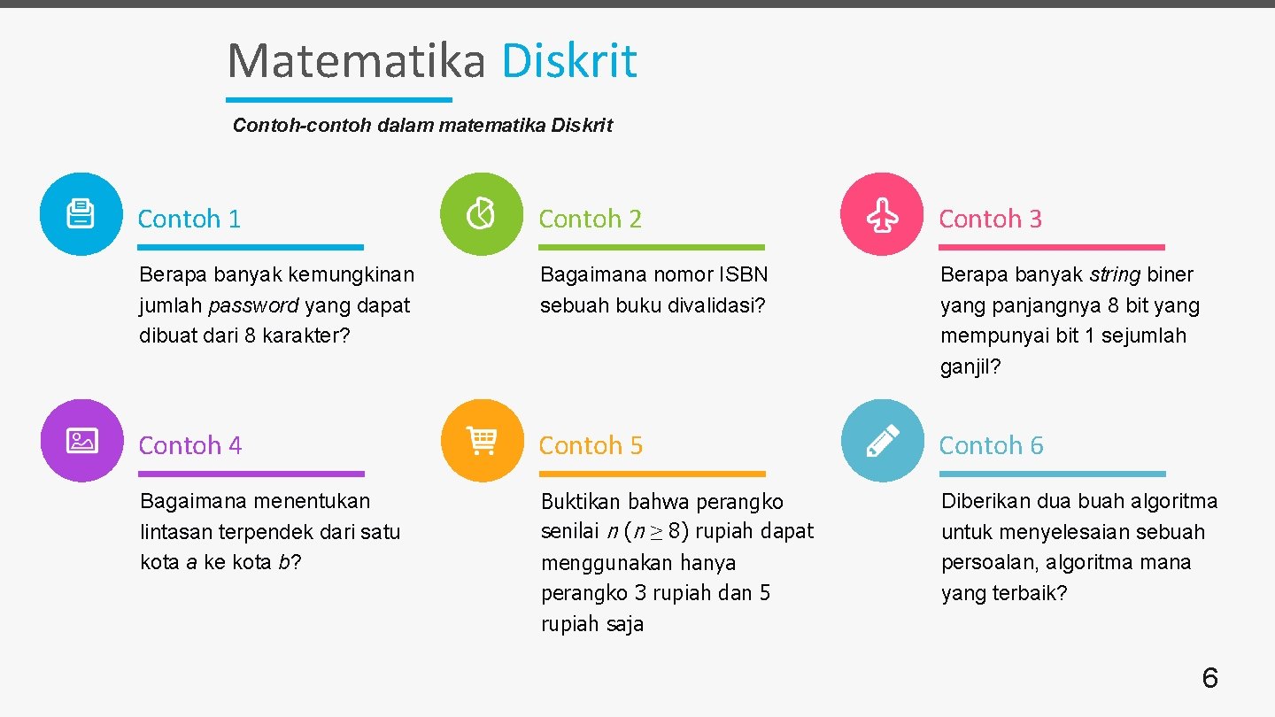Matematika Diskrit Contoh-contoh dalam matematika Diskrit Contoh 1 Contoh 2 Contoh 3 Berapa banyak